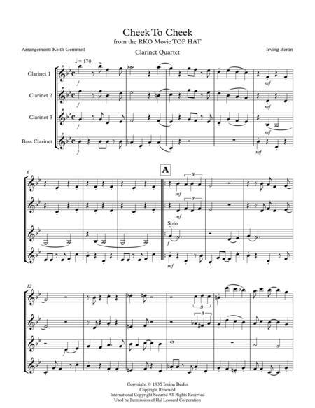 Cheek To Cheek Clarinet Quartet Sheet Music