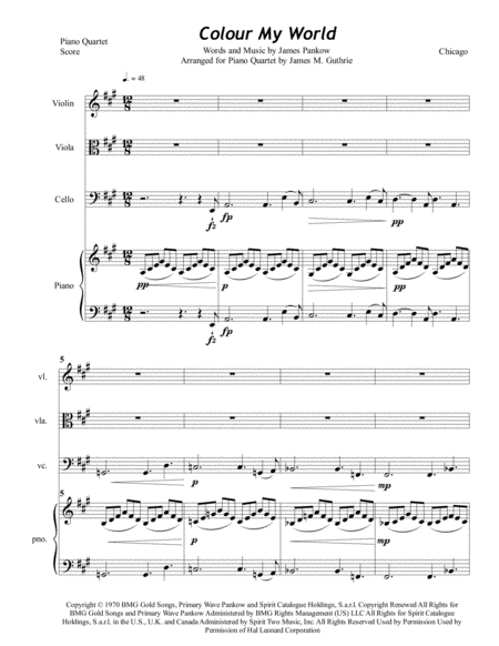 Free Sheet Music Chicago Colour My World For Piano Quartet