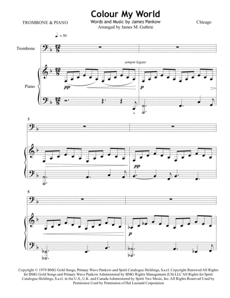 Free Sheet Music Chicago Colour My World For Trombone Piano