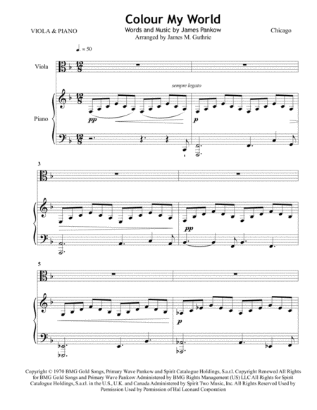 Chicago Colour My World For Viola Piano Sheet Music