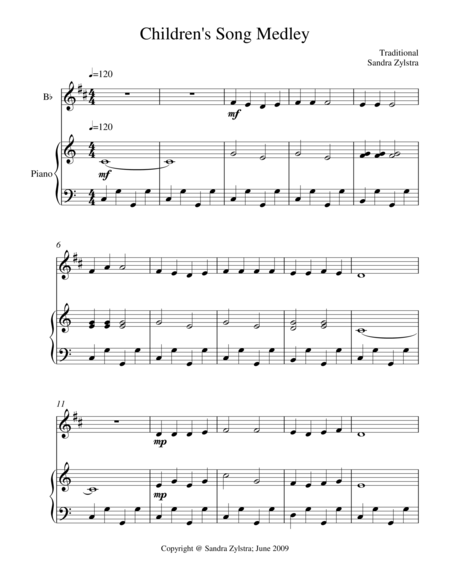 Childrens Song Medley Treble Bb Instrument Solo Sheet Music