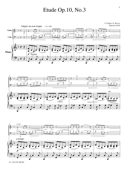 Free Sheet Music Chopin Chanson De L Adieu Etude Op 10 No 3 For Piano Trio Pc101