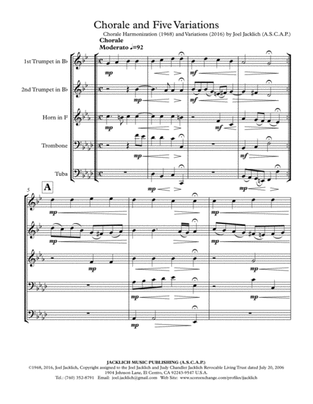 Chorale And Five Variations For Brass Quintet Sheet Music