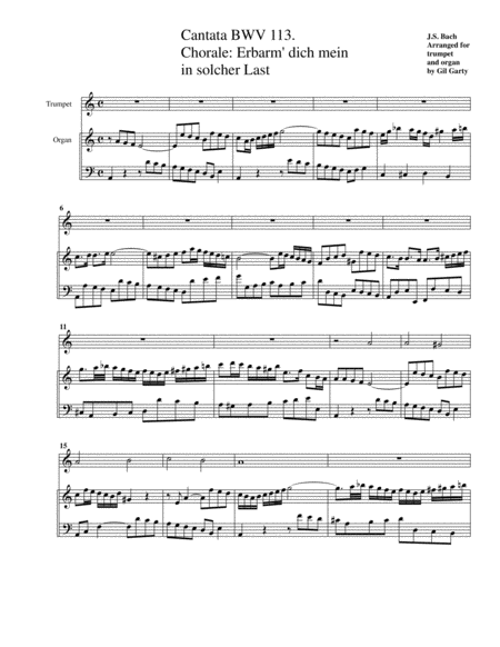 Chorale Erbarm Dich Mein In Solcher Last From Cantata Bwv 113 Arrangement For Tumpet And Organ Sheet Music