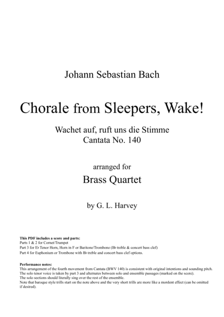 Chorale From Sleepers Wake Bwv 140 For Brass Quartet Sheet Music