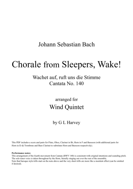 Chorale From Sleepers Wake Bwv 140 For Wind Quintet Sheet Music