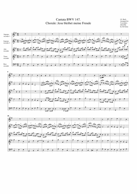 Chorale Jesu Bleibet Meine Freude Jesu Joy Of Mans Desiring From Cantata Bwv 147 Arrangement For 5 Recorders Sheet Music