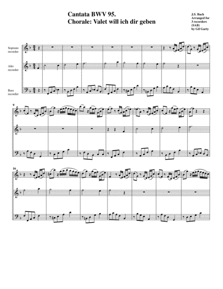 Chorale Valet Will Ich Dir Geben From Cantata Bwv 95 Arrangement For 3 Recorders Sheet Music