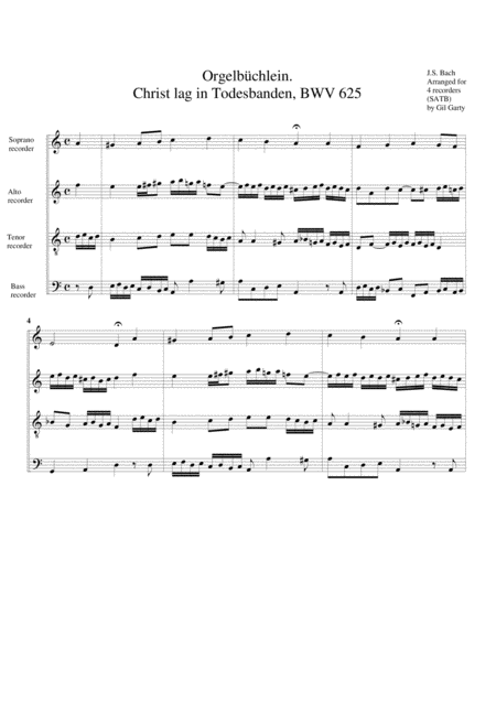 Christ Lag In Todesbanden Bwv 625 From Orgelbuechlein Arrangement For 4 Recorders Sheet Music