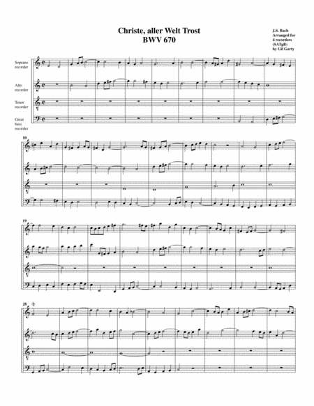 Christe Aller Welt Trost Bwv 670 From Klavier Uebung Iii Teil Arrangement For 4 Recorders Sheet Music