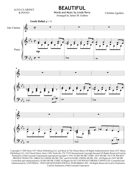 Free Sheet Music Christina Aguilera Beautiful For Alto Clarinet Piano