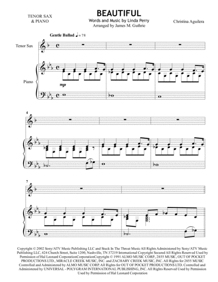 Free Sheet Music Christina Aguilera Beautiful For Tenor Sax Piano