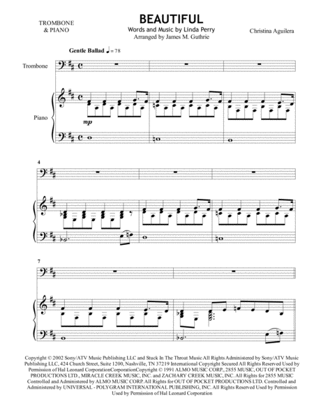 Free Sheet Music Christina Aguilera Beautiful For Trombone Piano