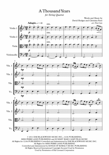 Christina Perri A Thousand Years String Quartet Sheet Music