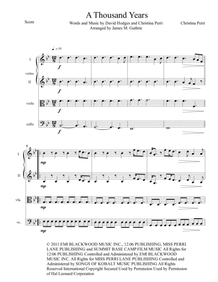 Free Sheet Music Christina Perry A Thousand Years For String Quartet