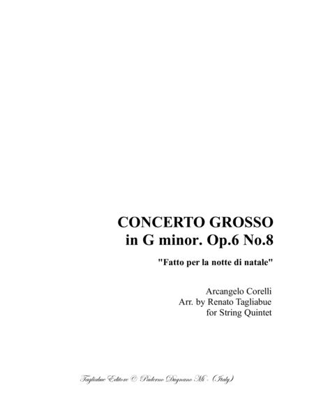 Christmas Concerto Op 6 N 8 Arr For String Quintet With Parts Sheet Music