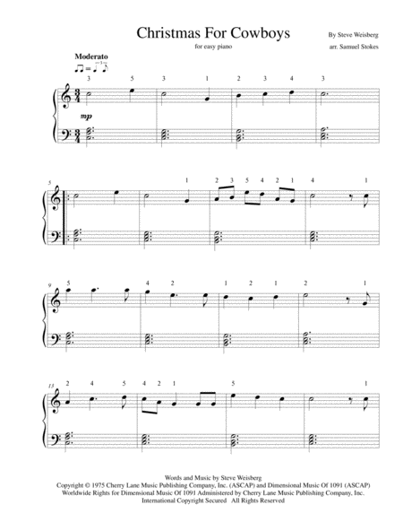 Christmas For Cowboys For Easy Piano Sheet Music