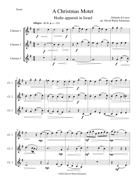 Free Sheet Music Christmas Motet Hodie Apparuit In Israel For 3 Clarinets