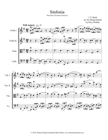 Christmas Oratorio Sinfonia For String Quartet Sheet Music