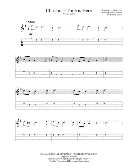 Christmas Time Is Here For Easy Guitar With Tab Sheet Music