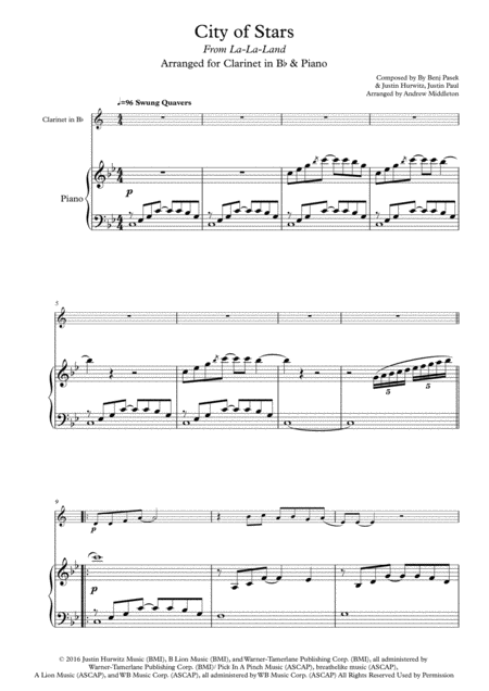 City Of Stars Arranged For Clarinet In B Flat And Piano Sheet Music