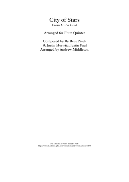 City Of Stars Arranged For Flute Quintet Sheet Music