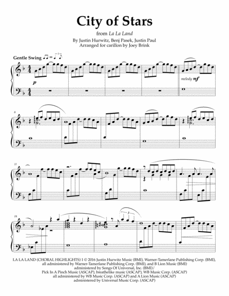 City Of Stars La La Land For Carillon Sheet Music