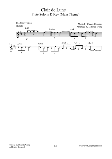 Clair De Lune Flute Solo In D Key With Chords Sheet Music