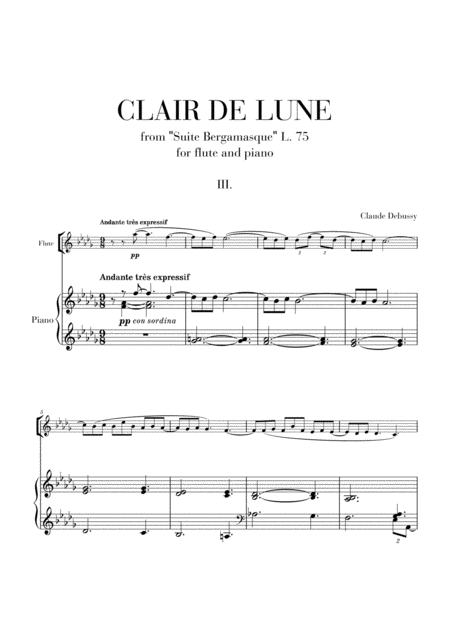 Clair De Lune For Flute And Piano From Suite Bergamasque Sheet Music