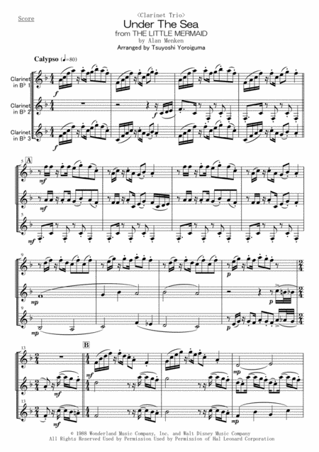 Free Sheet Music Clarinet Trio Under The Sea From The Little Mermaid