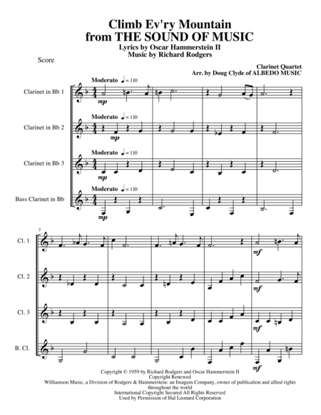 Climb Ev Ry Mountain From The Sound Of Music For Clarinet Quartet Sheet Music