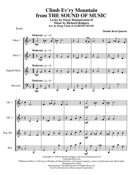 Free Sheet Music Climb Ev Ry Mountain From The Sound Of Music For Double Reed Quartet