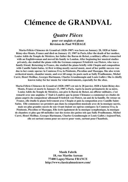 Clmenace De Grandval Quatre Pices Four Pieces For English Horn And Piano Sheet Music