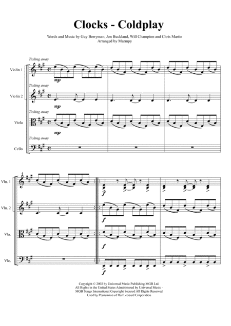 Clocks Coldplay Arranged For String Quartet Sheet Music