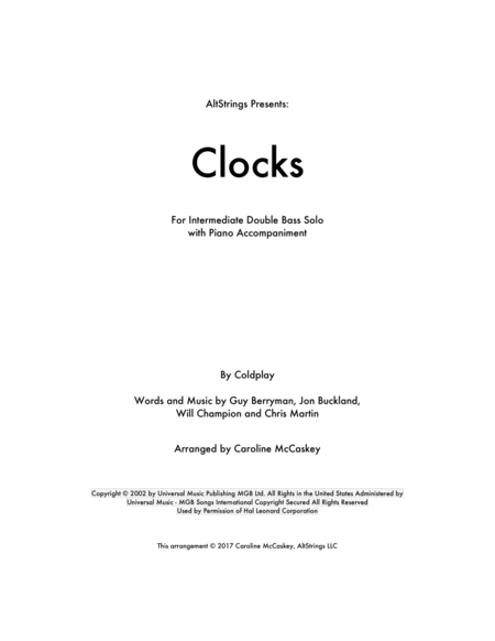 Free Sheet Music Clocks Double Bass Solo With Piano Accompaniment