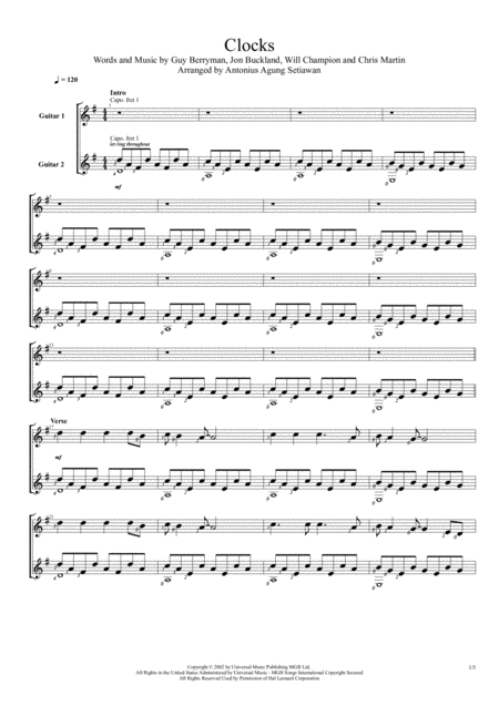 Free Sheet Music Clocks Duet Guitar Score