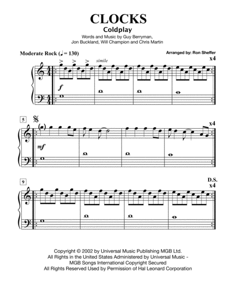 Clocks Easy Piano In An Easier Key Am Sheet Music