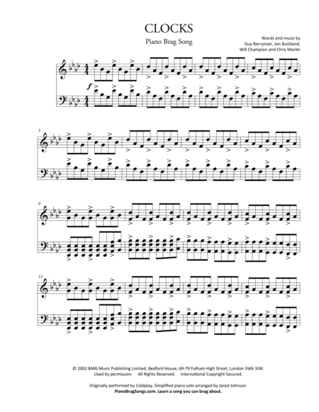 Clocks Short Piano Solo Sheet Music