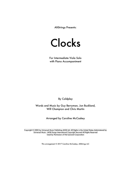 Clocks Viola Solo With Piano Accompaniment Sheet Music