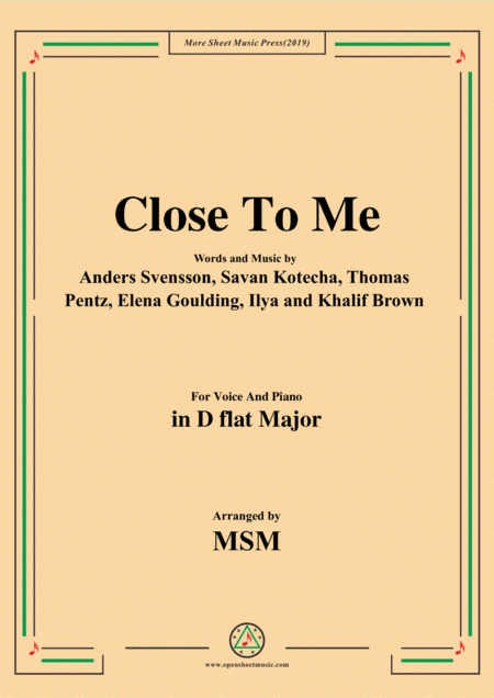 Close To Me In D Flat Major For Voice And Piano Sheet Music