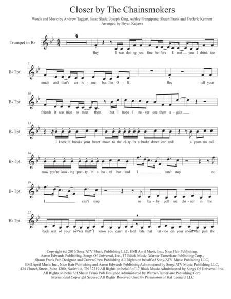 Free Sheet Music Closer By The Chainsmokers Trumpet Play Along