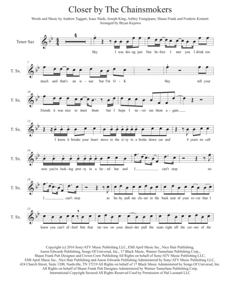 Closer Tenor Sax Play Along Sheet Music