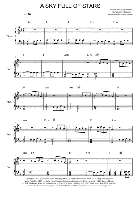 Coldplay A Sky Full Of Stars Easy Piano Sheet Sheet Music