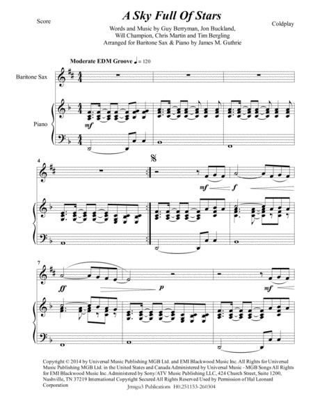 Coldplay A Sky Full Of Stars For Baritone Sax Piano Sheet Music