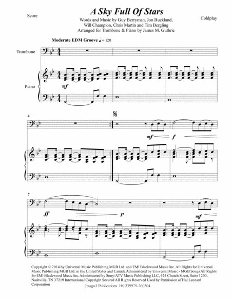 Coldplay A Sky Full Of Stars For Trombone Piano Sheet Music