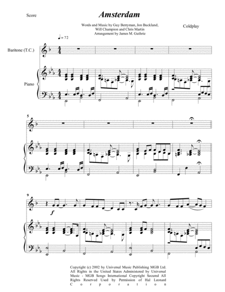 Free Sheet Music Coldplay Amsterdam For Baritone Horn Piano