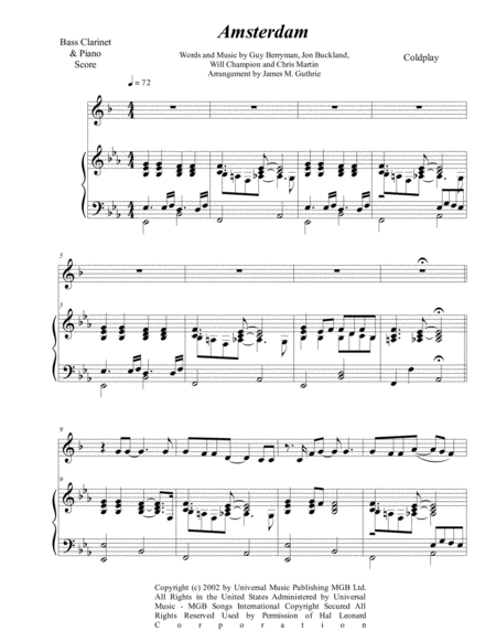 Coldplay Amsterdam For Bass Clarinet Piano Sheet Music