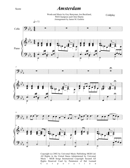 Coldplay Amsterdam For Cello Piano Sheet Music