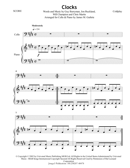 Free Sheet Music Coldplay Clocks For Cello Piano