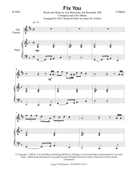 Coldplay Fix You For Alto Clarinet Piano Sheet Music